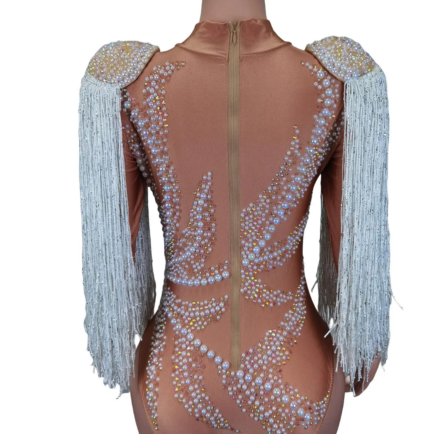 Kostiumy dla tancerki na rurze w klubie nocnym, białe frędzle, perły, jednoczęściowe body, strój dla piosenkarki na imprezę, studniówkę, występ sceniczny, Jianzhang