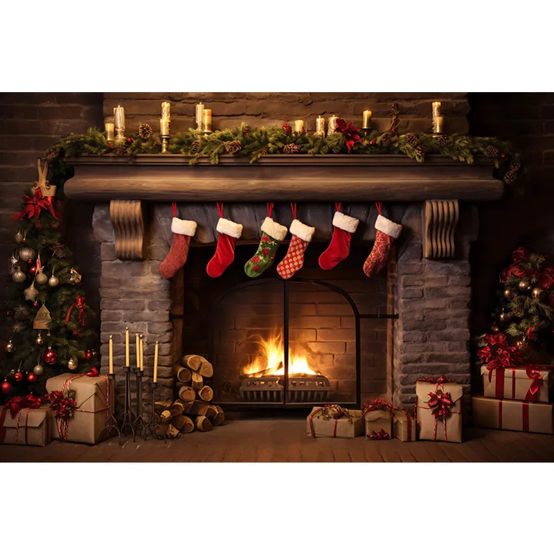 Mocsicka Photography Backdrops Christmas Decoration Background Xmas Tree Red Wooden Door Children Adults Portrait Photo Studio