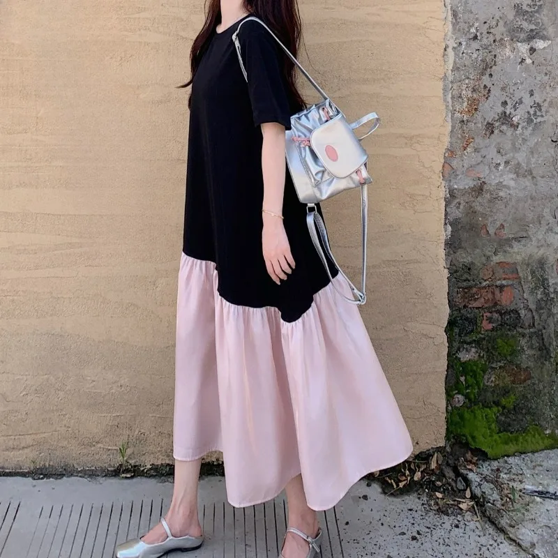 Abiti estivi da donna coreani Nuovo colore irregolare a contrasto con giunture O-collo abito a maniche corte Vita ampia Abiti maxi T-shirt