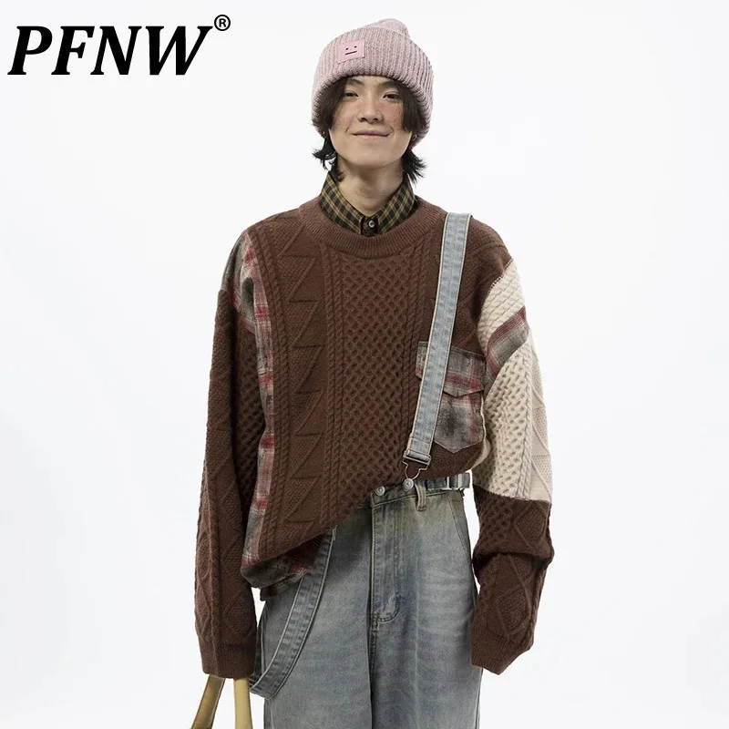 

PFNW Korean Round Neck Splicing Pocket Design Sweater Male Knitted Men's Pullover Versatile Loose Trendy Tops Autumn New 28W4609