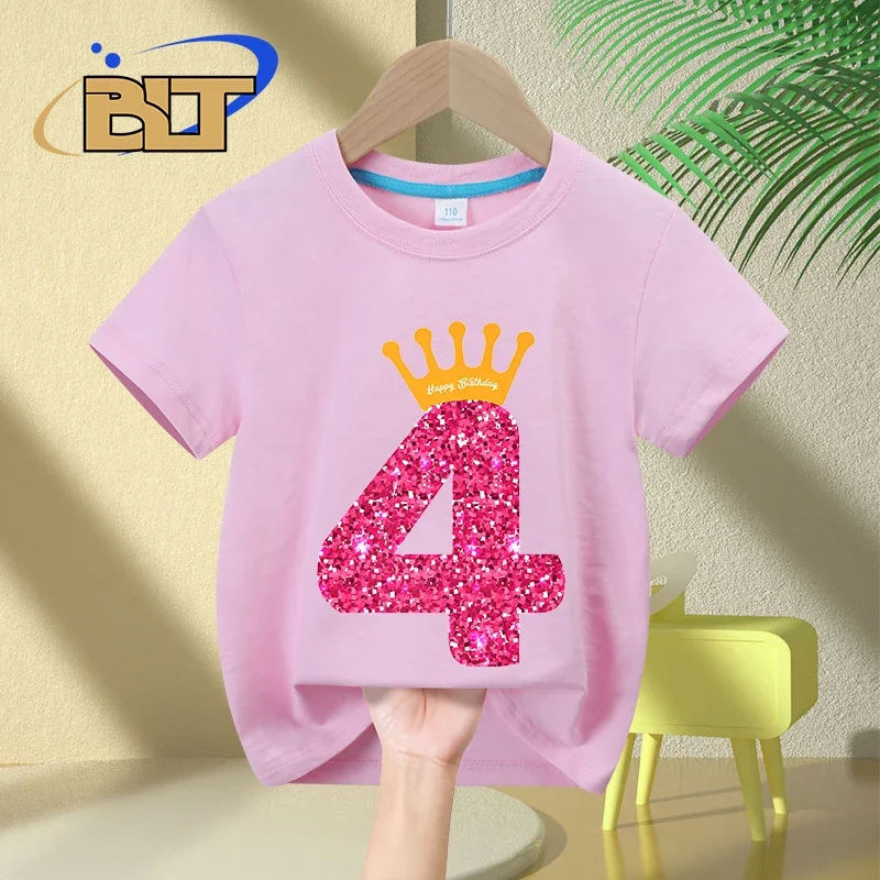 Happy Birthday Girls 4th Birthday Party Kids T-shirt Summer Children's Cotton Short Sleeve Casual Tops