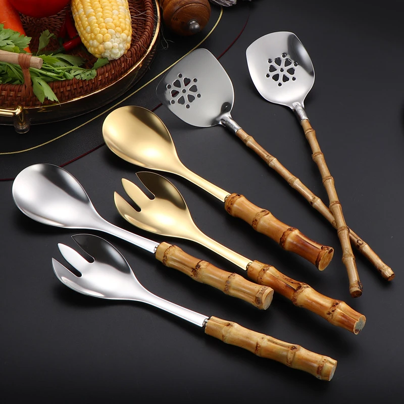 

Stainless Steel Wok Cooking Utensils Bamboo Handle Spatula Colander Kitchenware Serving Spoon Fork Ladle Kitchen Accessories