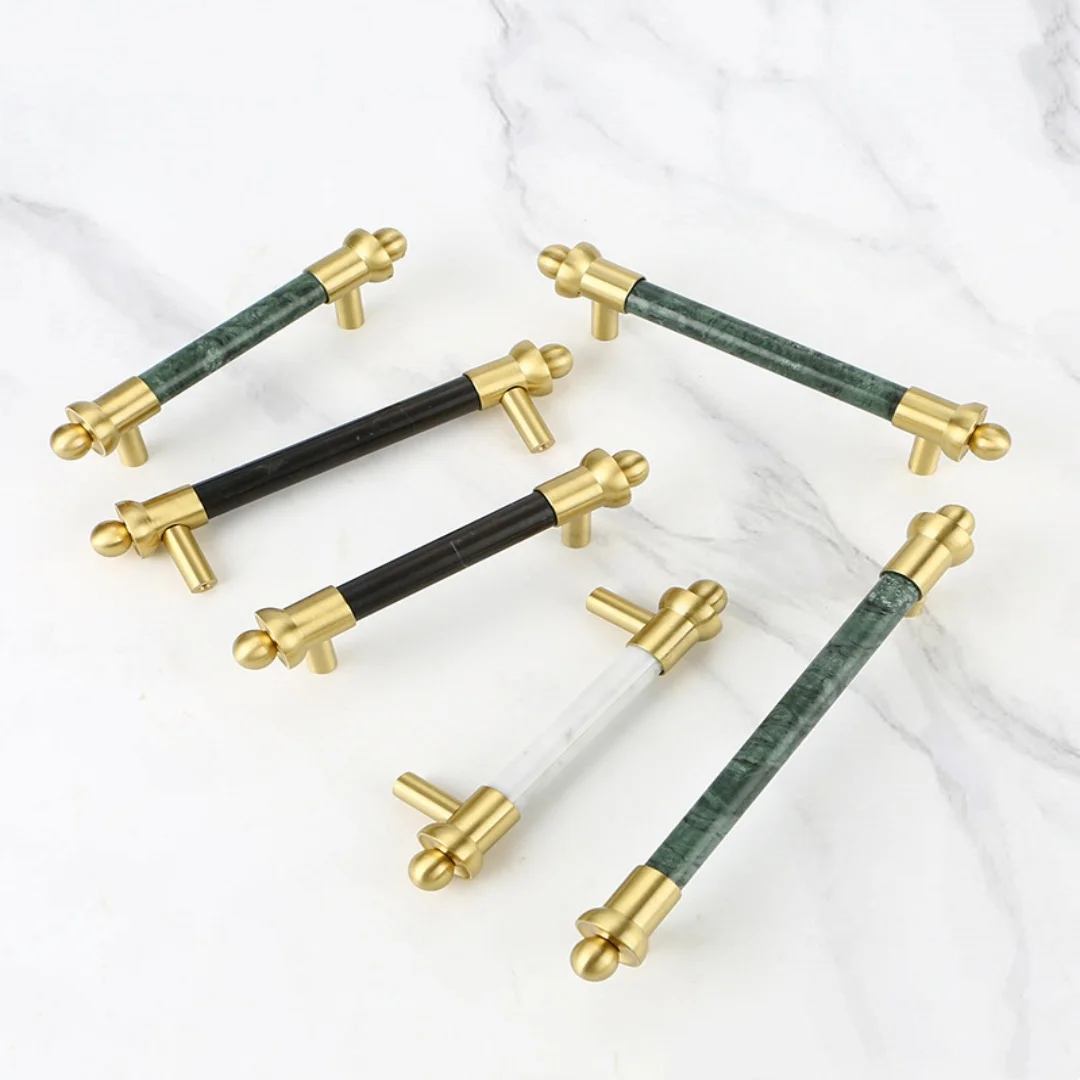 96 128 160mm Fashion Luxury Pure Copper Natural Marble Black Green White Wardrobe Cupboard Kitchen Wine Cabinet Door Handle Knob