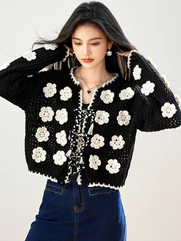 Knitted Cardigan Jacket Women\'s Autumn Winter Design Sense Niche Casual Loose Three-dimensional Crochet Sweater