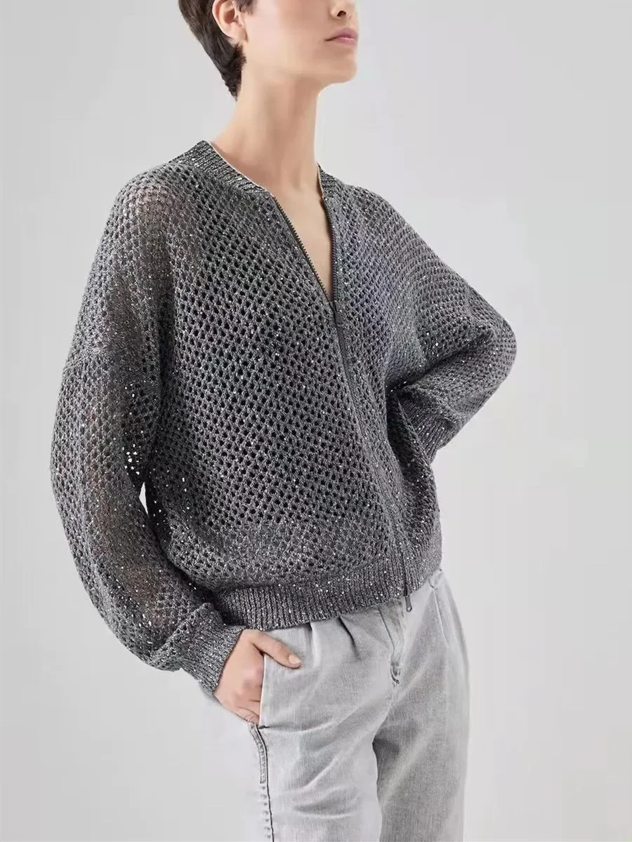 Knitted Sweate for Ladies 2023 New Spring Summer Sequins Hollow Out Round-Neck Slim Casual Long Sleeve Pullover