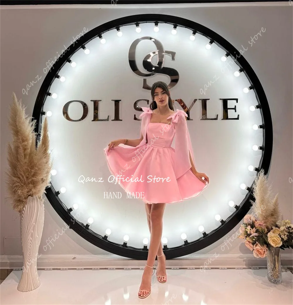 Qanz Pink Organza Prom Dresses Bow Straps Short Prom Dresses A Line Vestidos De Fiestas Elegantes Mujer De Noche 2024 Customized