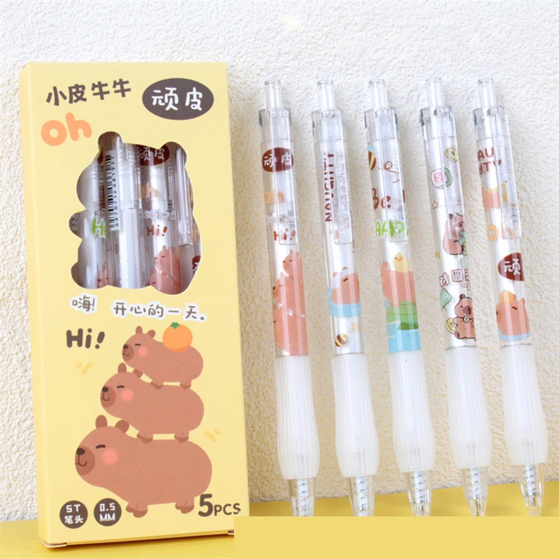 Capybara Cartoon Gel Pen, Escrita de Secagem Rápida, Papelaria Estética Suave, Escritório e Material Escolar, Moda Kawaii, 5Pcs