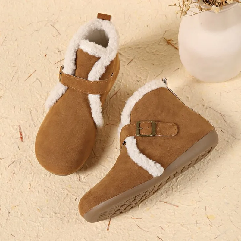 Women Winter Fleece Lined Ankle Boots Fluffy Fleece Trim Adjustable Buckle Strap Anti-Slip Flat Sole Warm Daily Casual Footwear