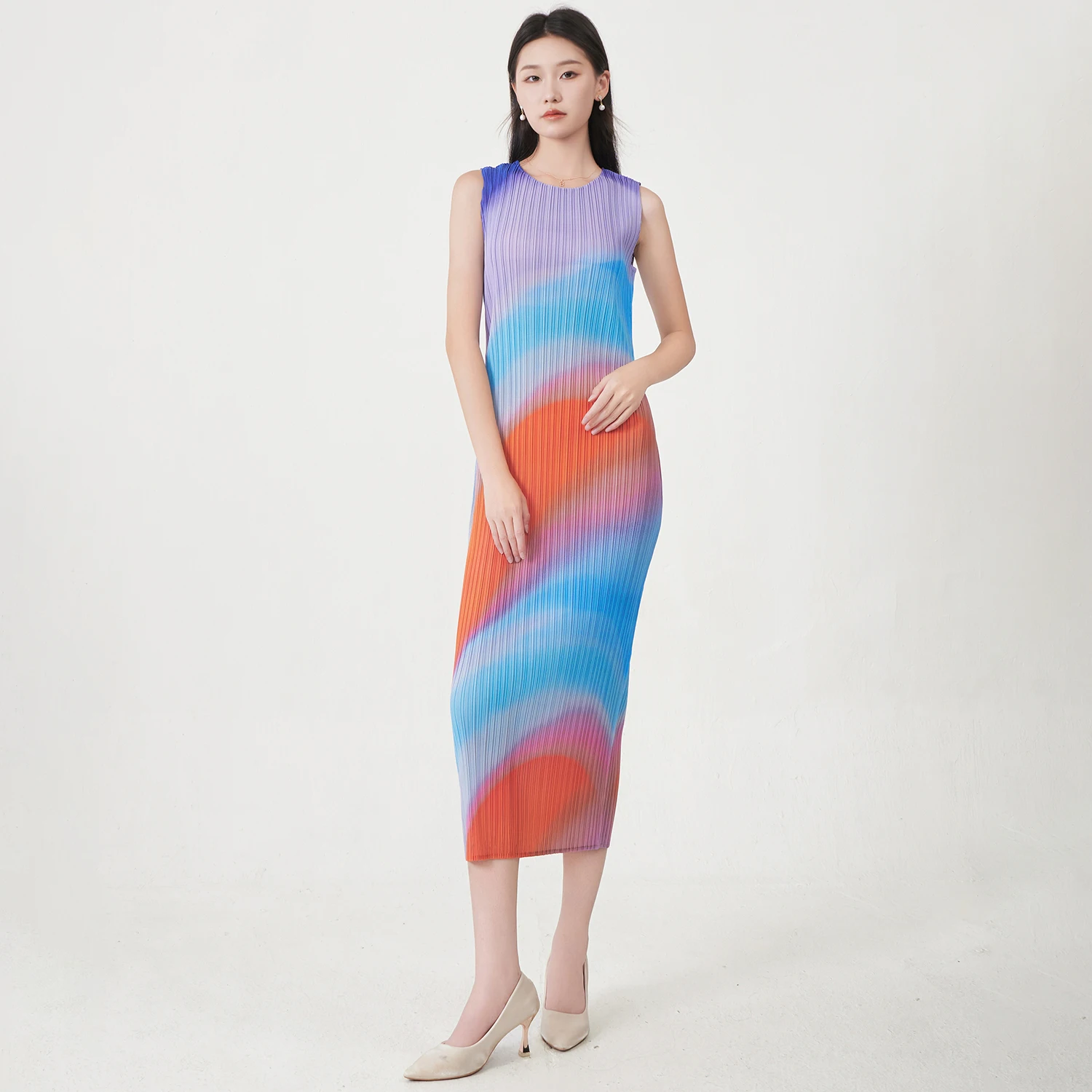 

Women Clothing Wholesale Women's Pleated Dress Design Sense Stretch Print Straight Dress Gradient Color Elegant Sleeveless Dress