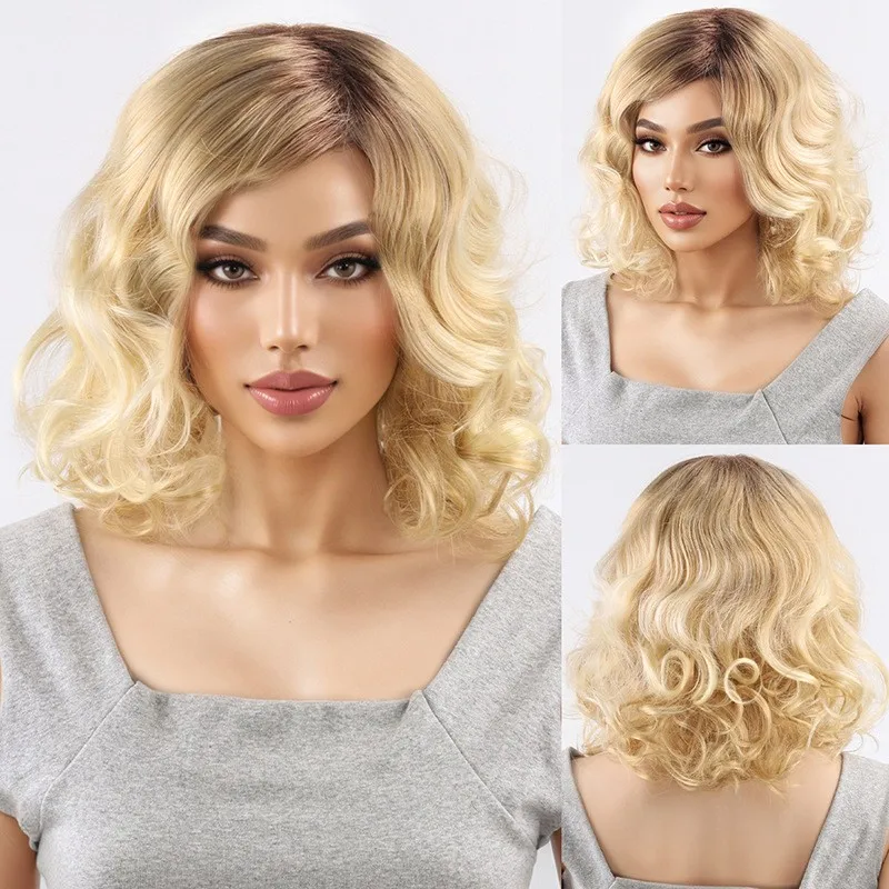 

Women's Wig Med-Length Wavy Wig Brown Golden Synthetic Hair Wig+Wig Cap
