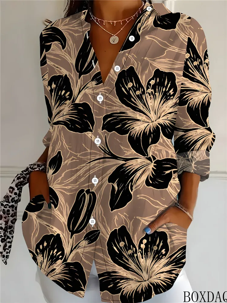 Ladies' Long Sleeved Lapel Button Up Blouse Elegant Floral 3D Printed Casual Shirts For Autumn Loose Fitting Women's Clothing