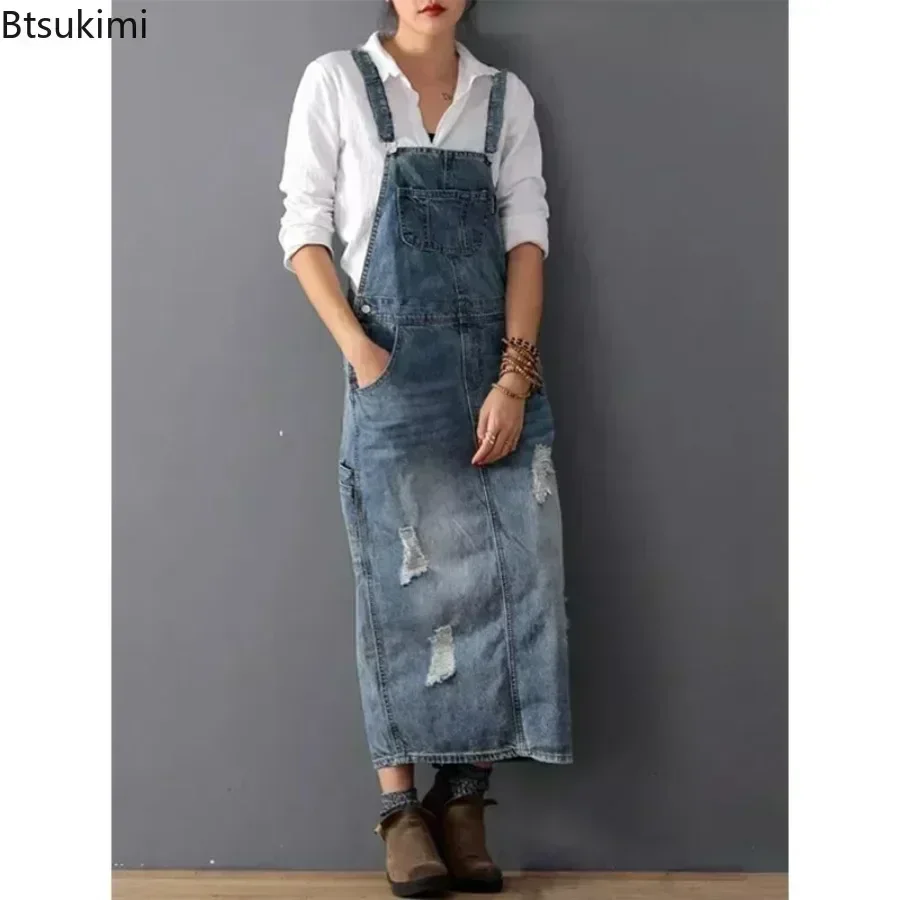 2024 Women' Denim Dresses Suspender Sleeveless Strap Straight Long Skirts Summer Loose Jumpsuit Overalls Jeans Dresses Vestidos