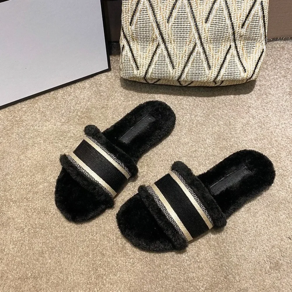 

2026 Fall Winter New Women's Black Faux Fur Slides Single Strap Sandals Premium Warm Fluffy Slippers Outdoor Casual Shoes