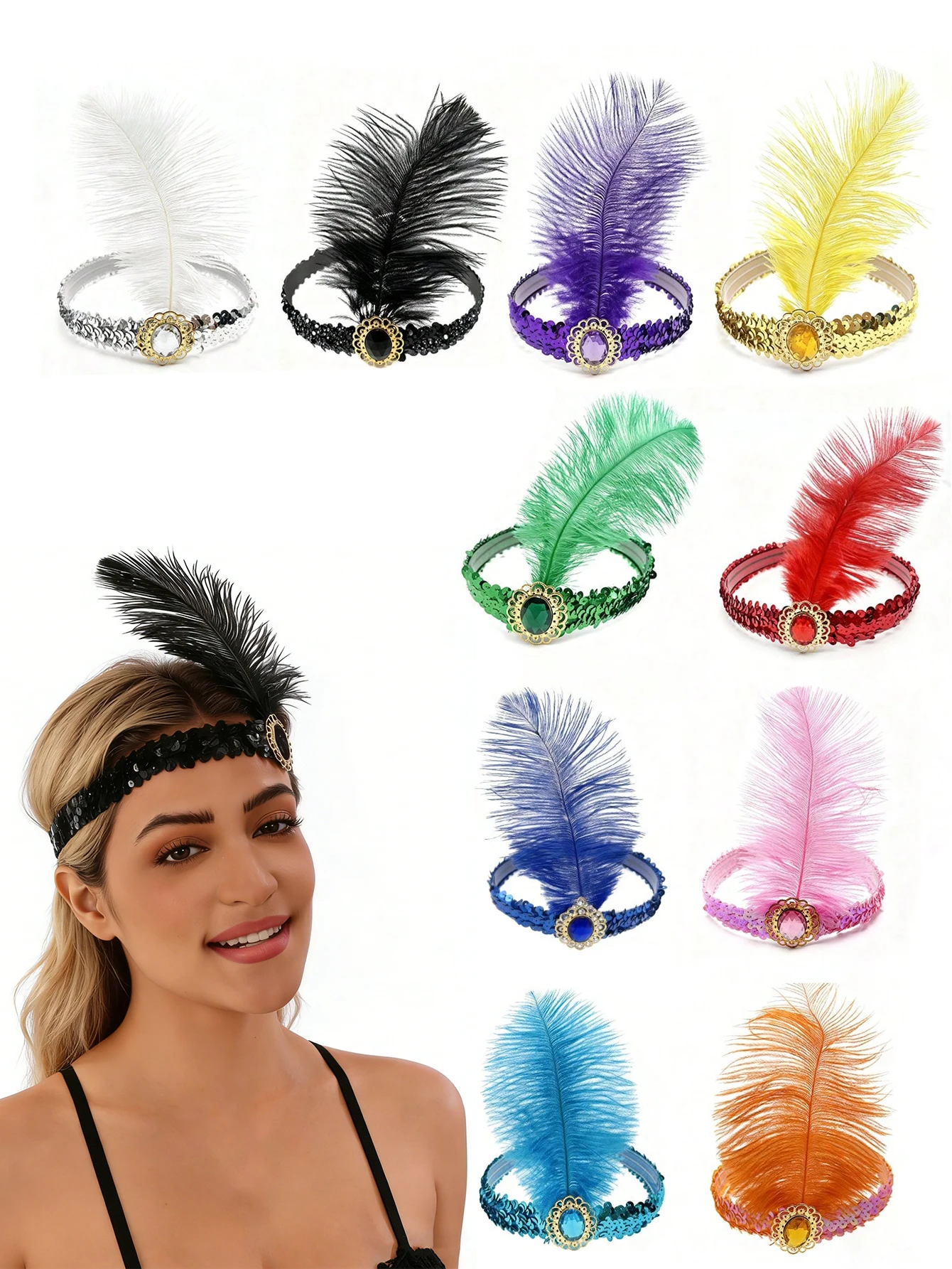 Tiara Flapper dos Anos 1920 com Plumas e Lantejoulas com Pedras para Festa Gatsby e Acessório de Fantasia de Halloween
