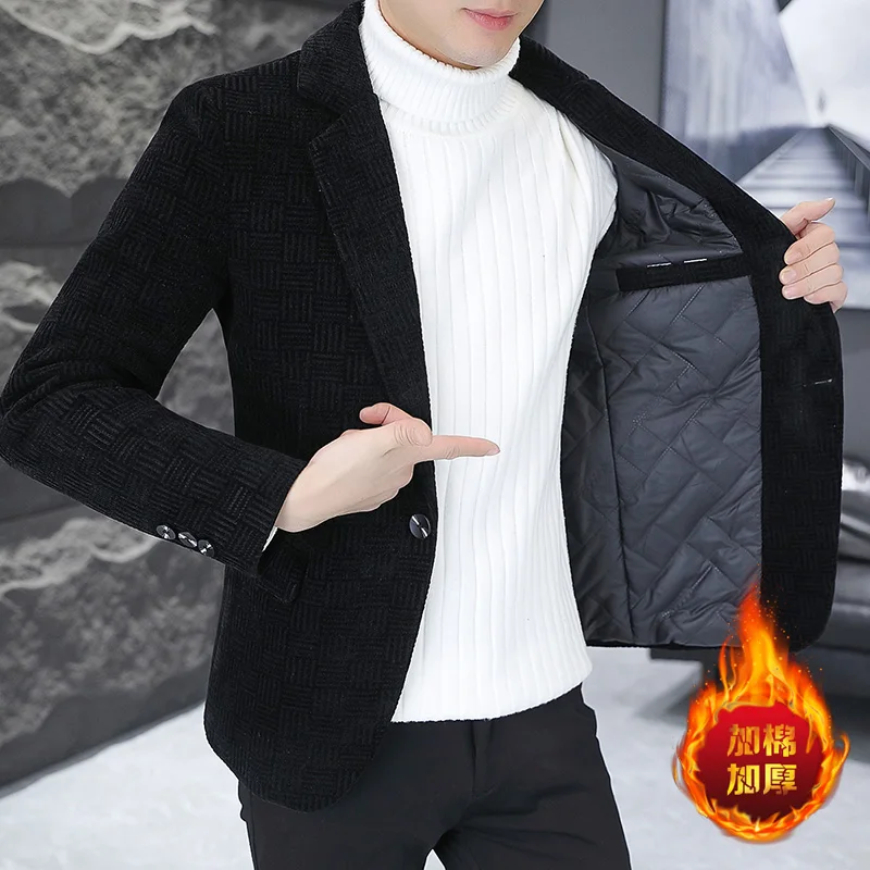 

High-quality and fashionable autumn and winter Nizi fleece and thickened warm small suit for men's casual wear, fitted suit top