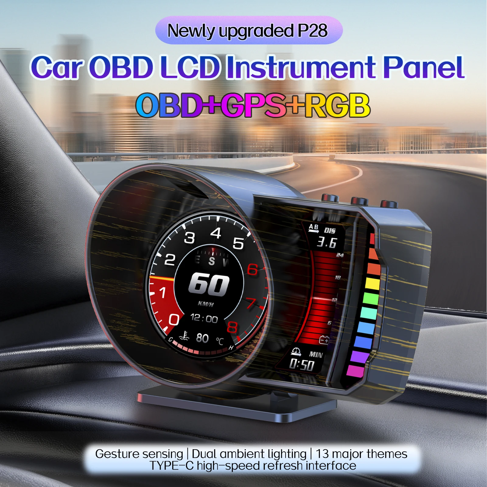 New P28 Smart Car Head Up Display OBD+GPS Multilingual LCD Instrument Turbo Pressure RPM Voltage Water Temp Warning Alarm