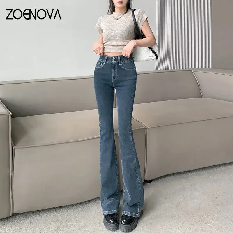 ZOENOVA New Women's High Waist Slim Summer Dress Blue Gray More Than A Pocket Horseshoe Vintage Full Length Trousers Slim Jeans