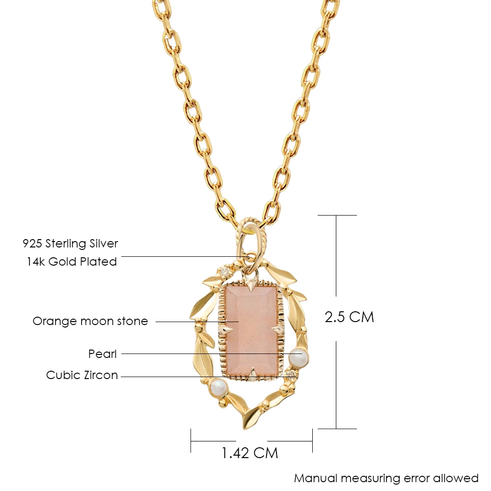 LAMOON S925 Sterling Silver Orange Moonstone Gemstone Pendant Necklace For Women Exquisite Pearl Gold Plated Fine Jewelry Gift
