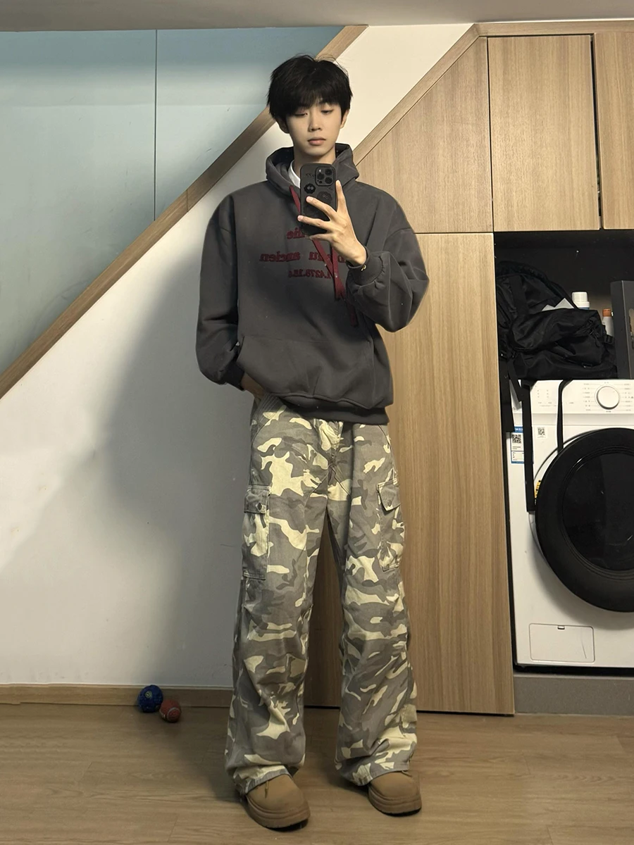 

Cargo Camouflage Work Pants Men's Autumn Winter Loose Straight Leg Trousers Multiple kets American High Street Sle