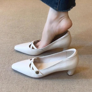 2026 All-Season Women's Crossover Strap Pointed Toe Flats - Chunky Heel Shallow-Cut Elegant Heels,  Versatile Commuter Shoes
