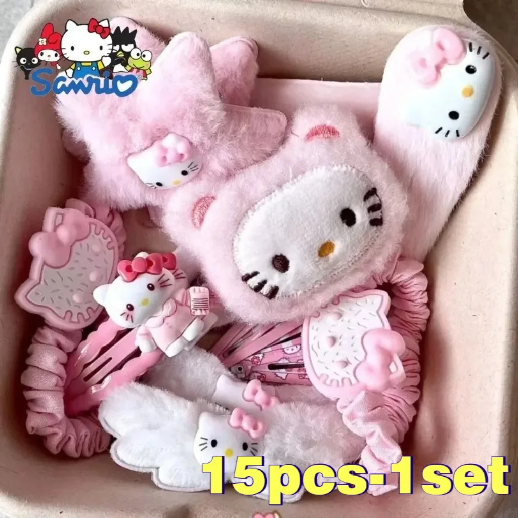 15 Uds. Accesorios para el cabello de dibujos animados para niñas de peluche rosa de Hello Kitty Anime, horquilla lateral bonita, lazos para el cabello, tocados nuevos, regalo para niñas