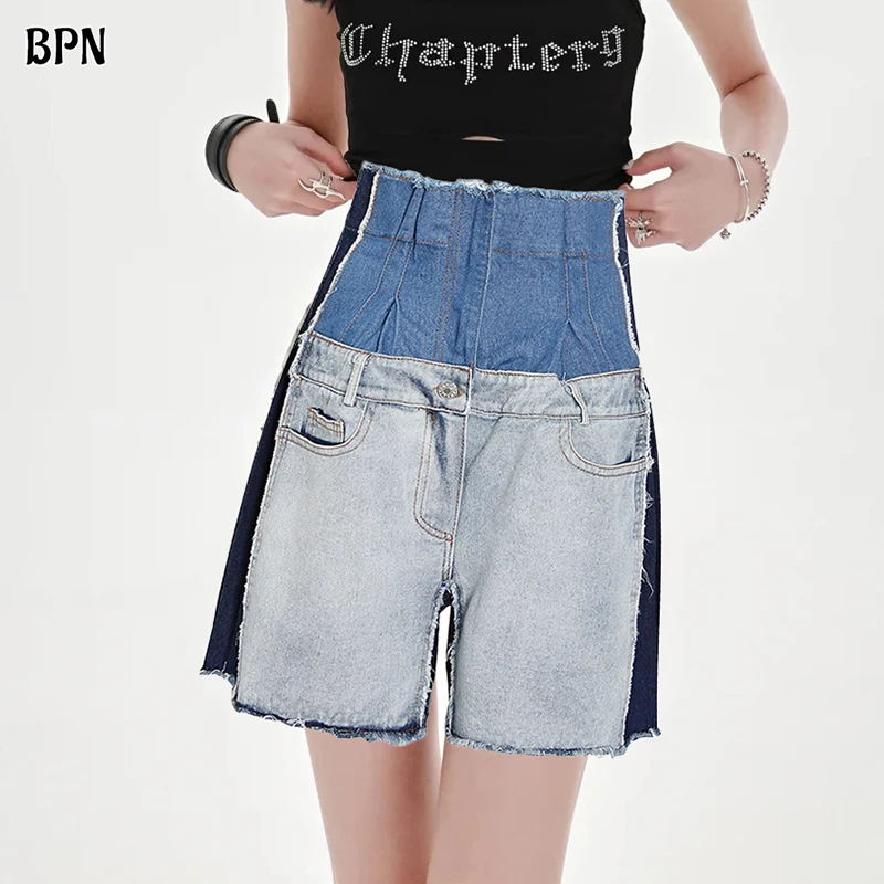 BPN Patchwork Tassel Hit Color Wide Leg Short For Women High Waist Casual Shorts Female 2024 Summer Fashion New Clothing Style