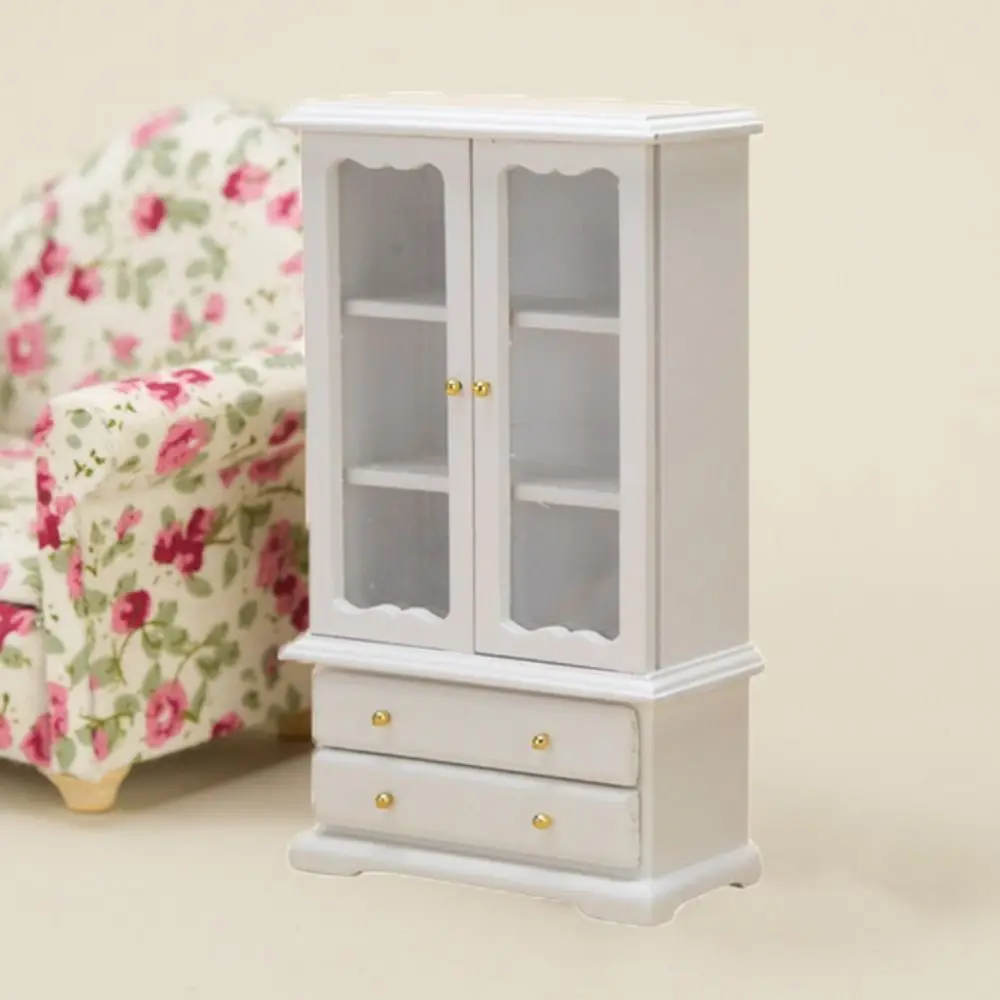 1: 12 Dollhouse DIY Dollhouse Wooden Living Room Furniture Decoration Three layer Double Door Bookcase Display Cabinet