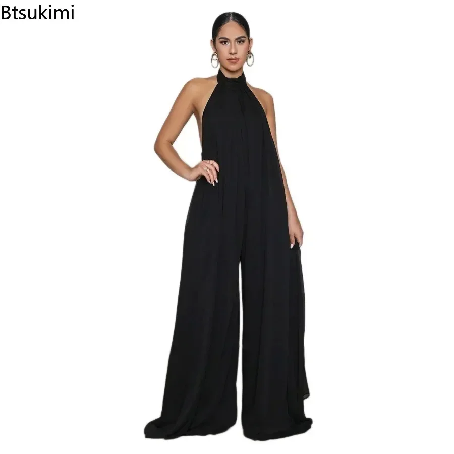 2024 New Women\'s Solid Chiffion Loose Halter Jumpsuits Sexy Backless Wide Leg Pants Rompers Fashion Party Elegant Women Clothing