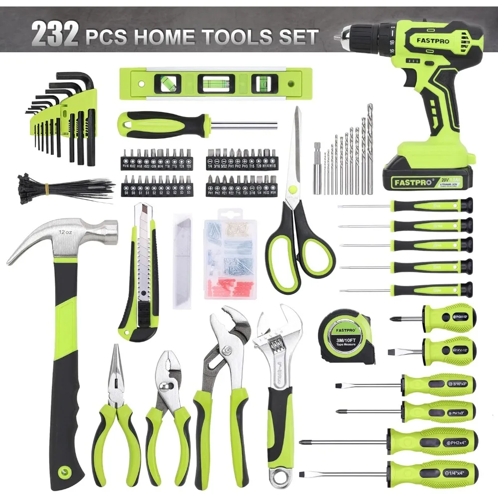 Imagem -02 - Drill Driver sem Fio e Home Tool Grupo Kit de Ferramentas de Reparação Doméstica com Broca 12-polegada Boca Larga 20v 232 Pcs