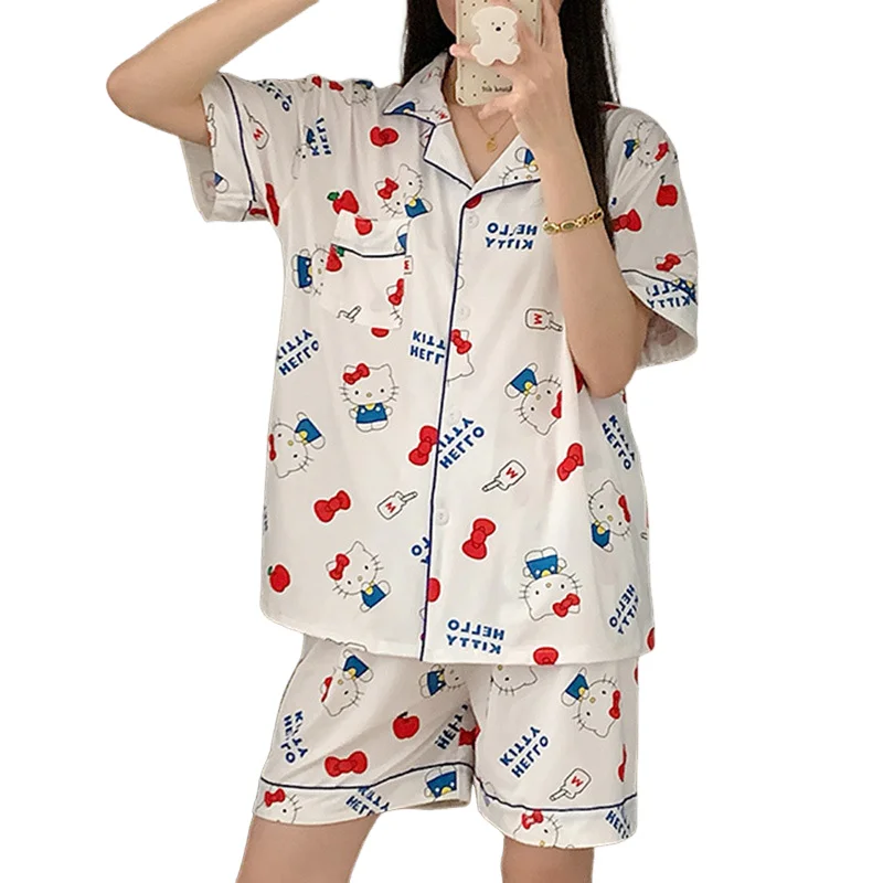 Conjuntos de pijamas bonitos de Hello Kitty para niñas, camisón holgado de dibujos animados, camisetas suaves de manga corta, pantalones cortos, ropa de dormir dulce para mujeres, verano