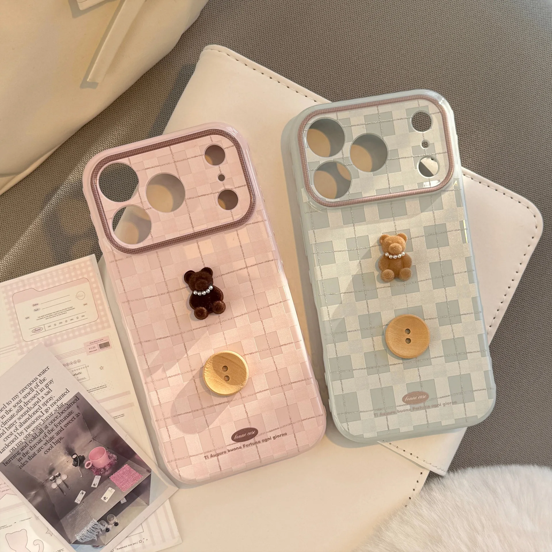 Korean Plaid 3D Cartoon Pearl Bear Button Phone Case With Bracelet For iPhone 17 16 15 14 13 11 12 Pro Max Shockproof Soft Cover view 2