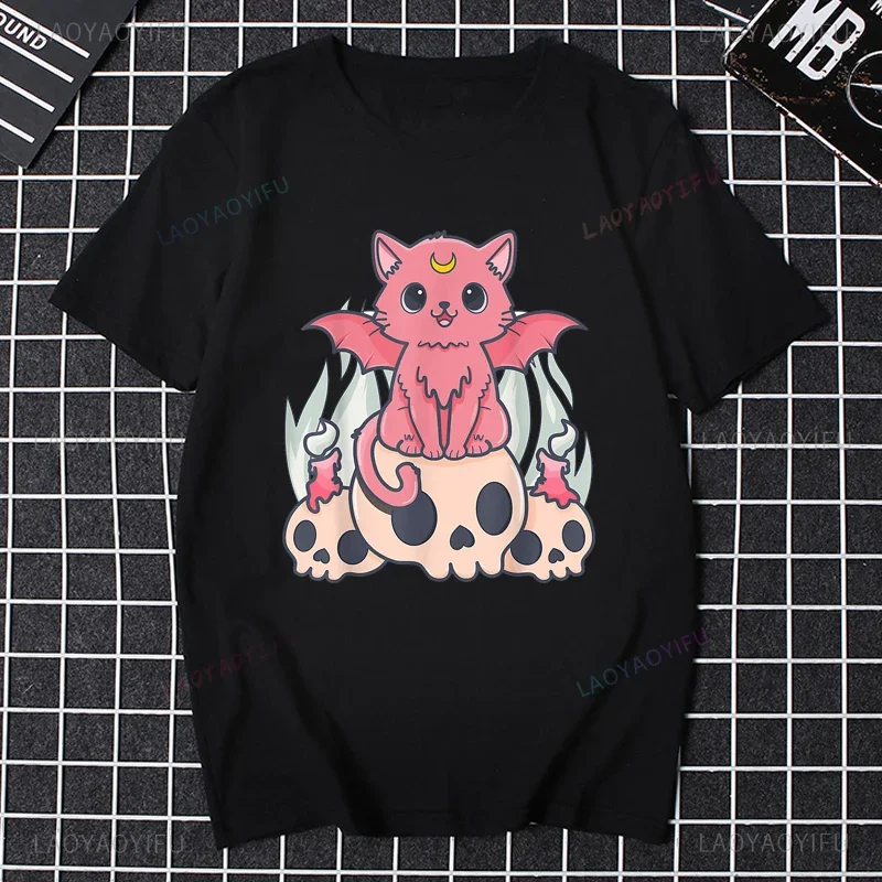 Kawaii Pastel Goth Cute Creepy Demon Cat and Skull Graphic T Shirts for Woman Halloween T Shirt Harajuku Cotton Clothes Y2k