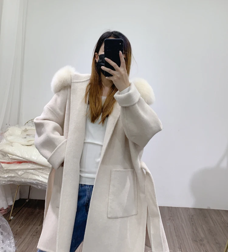 Furshehe Autumn Winter Women Wool Coat With Real Fox Fur Collar Loose Belted Cashmere Coat Ladies Winter Jacket