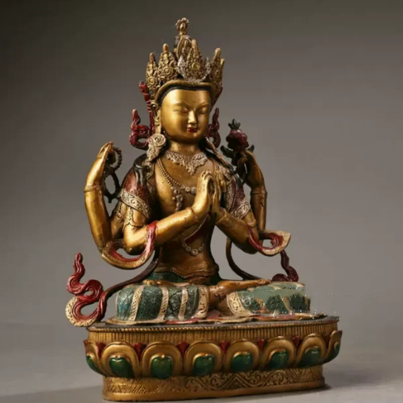 Nepal color painted antique bronze four armed Guanyin Bodhisattva tantric Buddha statue ornament home decoration crafts