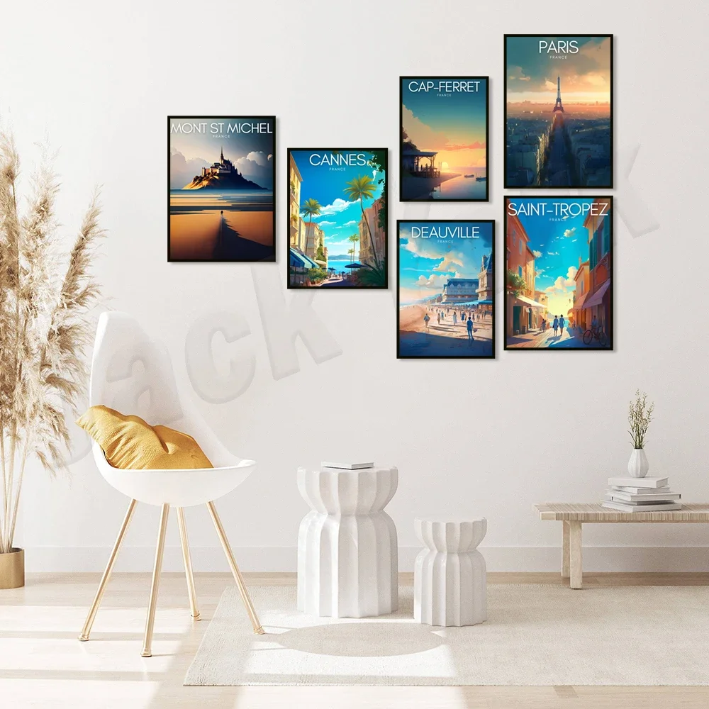 Cannes, France, Les Cap Ferrets, Paris, Lacanau Dunes, Mont Saint Michel, Bonifacio Corsica, Porquerolles Island travel poster
