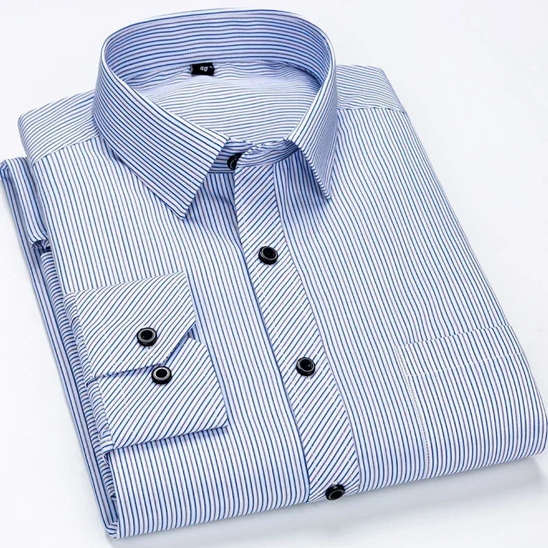 Mens Striped Business Casual Long Sleeved Shirt Classic Formal Male Social Dress Button Shirts Slim Fit Large Size 46 47 48 9XL