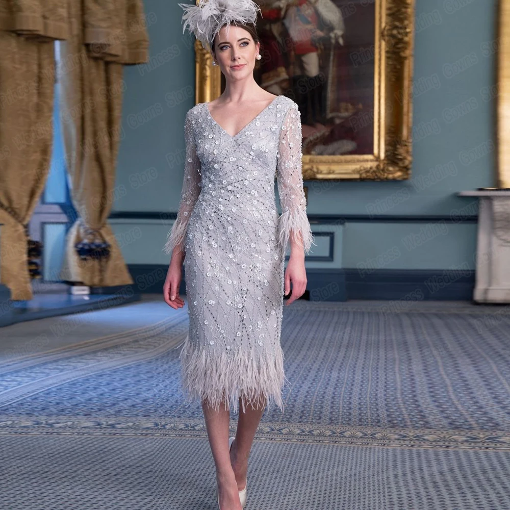 Robe de soirée de luxe en dentelle pour femme, plume formelle avec perle, manches 3/4 élégantes, longueur de thé, col en V, robes de mère personnalisées, 2022