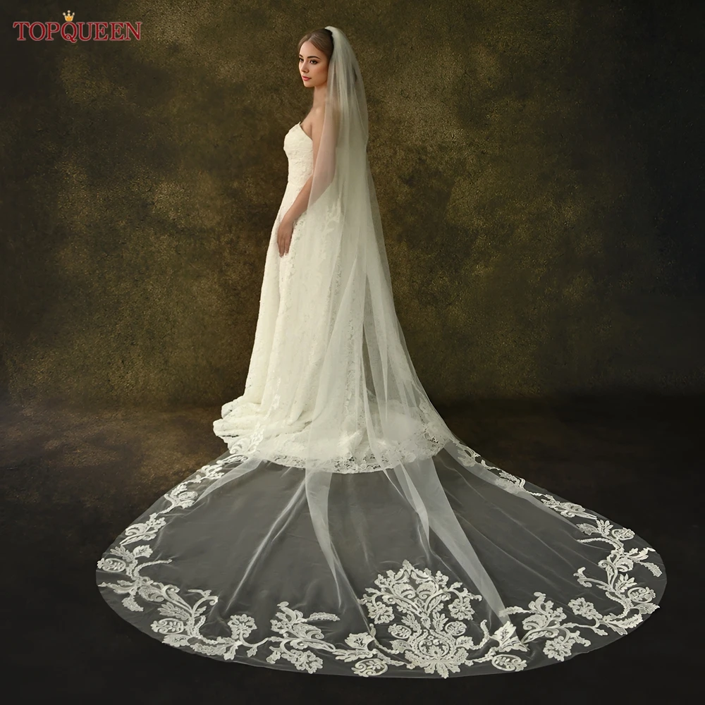 TOPQUEEN Cathedral Wedding Veil With Lace Appliques Long Embroidered Bridal Veil Single Layer Lace Edge Customizable V62