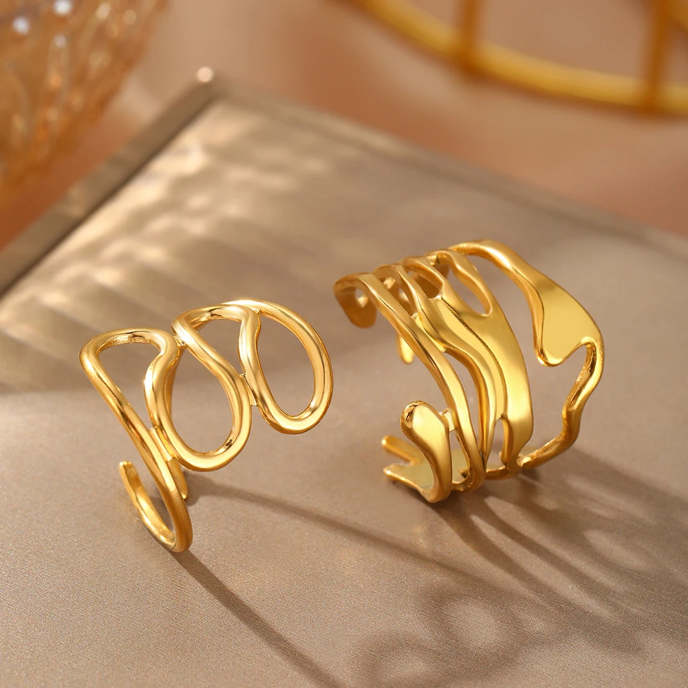 Stainless Steel Ring Set Geometric Irregular Openwork Design Light Luxury & Sophisticated Design Ring Set For Women Jewelry