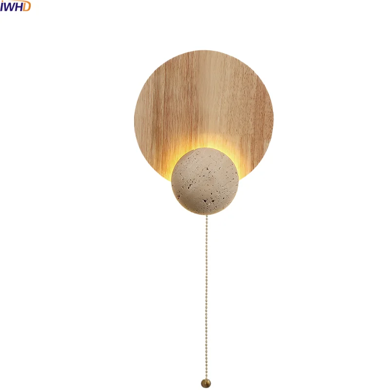 

IWHD Pull Chain Switch LED Wall Light Fixture Yellow Cave Stone Wood Wabi Sabi Living Room Bedroom Bedside Lamp Lampara De Pared