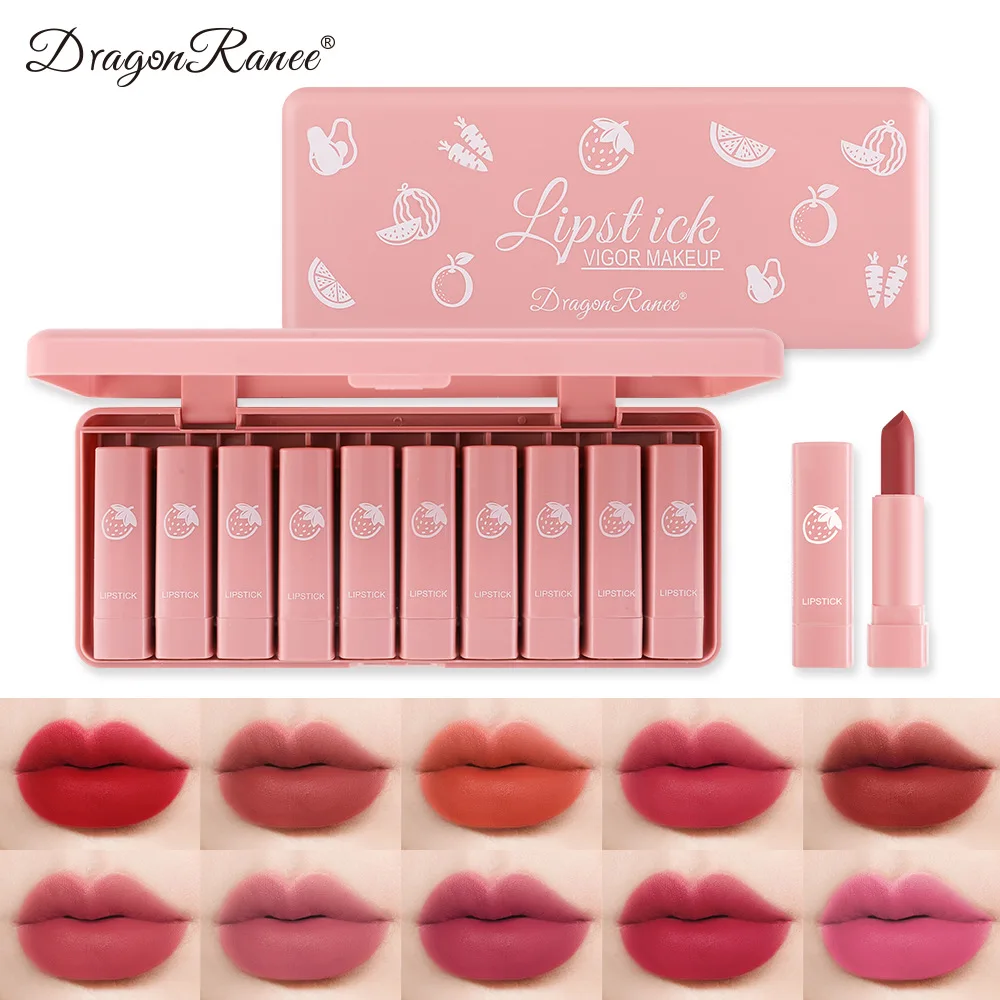 10 Color/Box Lipstick Set Lips Makeup Sexy Woman Velvet Matte Lip Stick Tint Long Lasting Waterproof Non-Stick Cup Cosmetics Kit