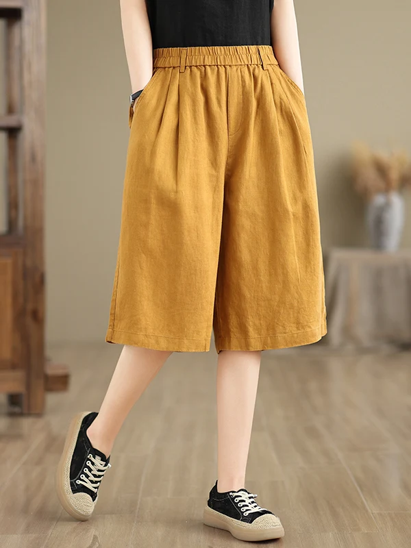 Effet minceur pur coton taille élastique ample décontracté orts Faionable cinq-quarts pantalon jambe large pantalon mi-long