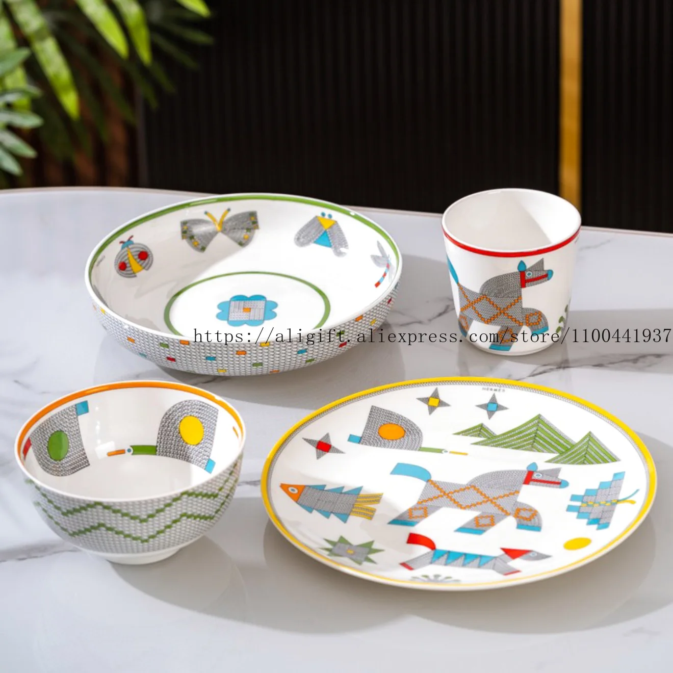 4-Piece Kids Tableware Set European Ceramic Plates, Bowls & Cups Durable Dishware for Children with Fun Designs Microwave Safe