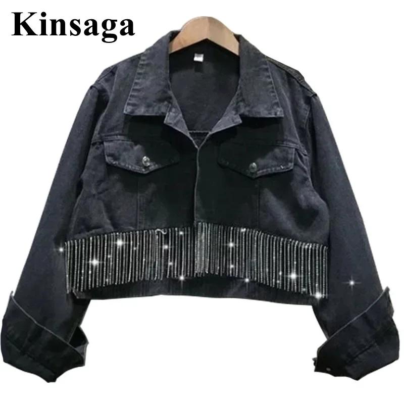 

Elegant Women Tassel Diamonds Beading Bomber Denim Jacket Spring Fall Tunique Femme Street Wild Beaded Short Cropped Jeans Coat