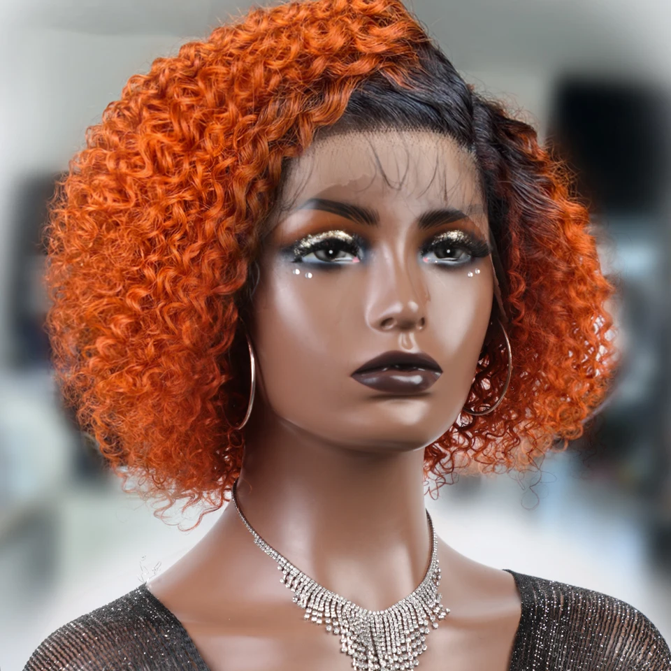 Christmas Gift Ginger Orange Curly Bob Lace Front Wig Human Hair Wig With Baby Hair Short Pixie Curly Bob Wig Lace Wigs