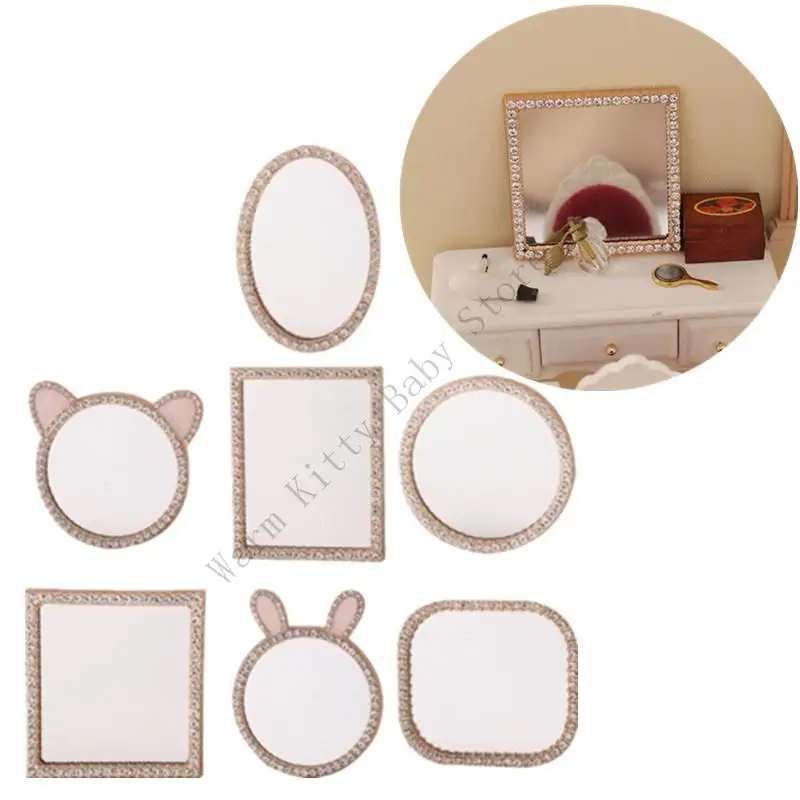 

7pcs 1/12 Scale Dollhouse Bedroom Miniature Makeup Mirror Models Mini Artificial Edging Mirrors Dollhouse Decors