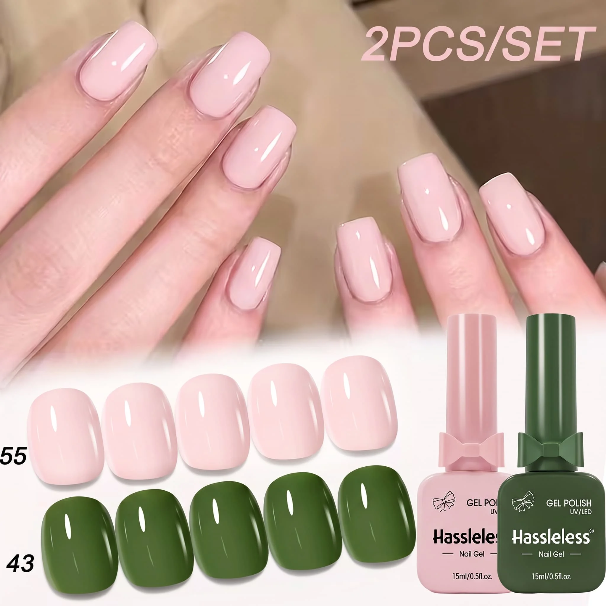 Hassleless 2-Piece Set of Nude Pink and Retro Dark Green Contrasting Color Nail Polish Gel, Gentle Light Nude Pink and High-End Retro Dark Green Solid Color Nail Polish Gel, Long-Lasting and Not Easy to Peel Off