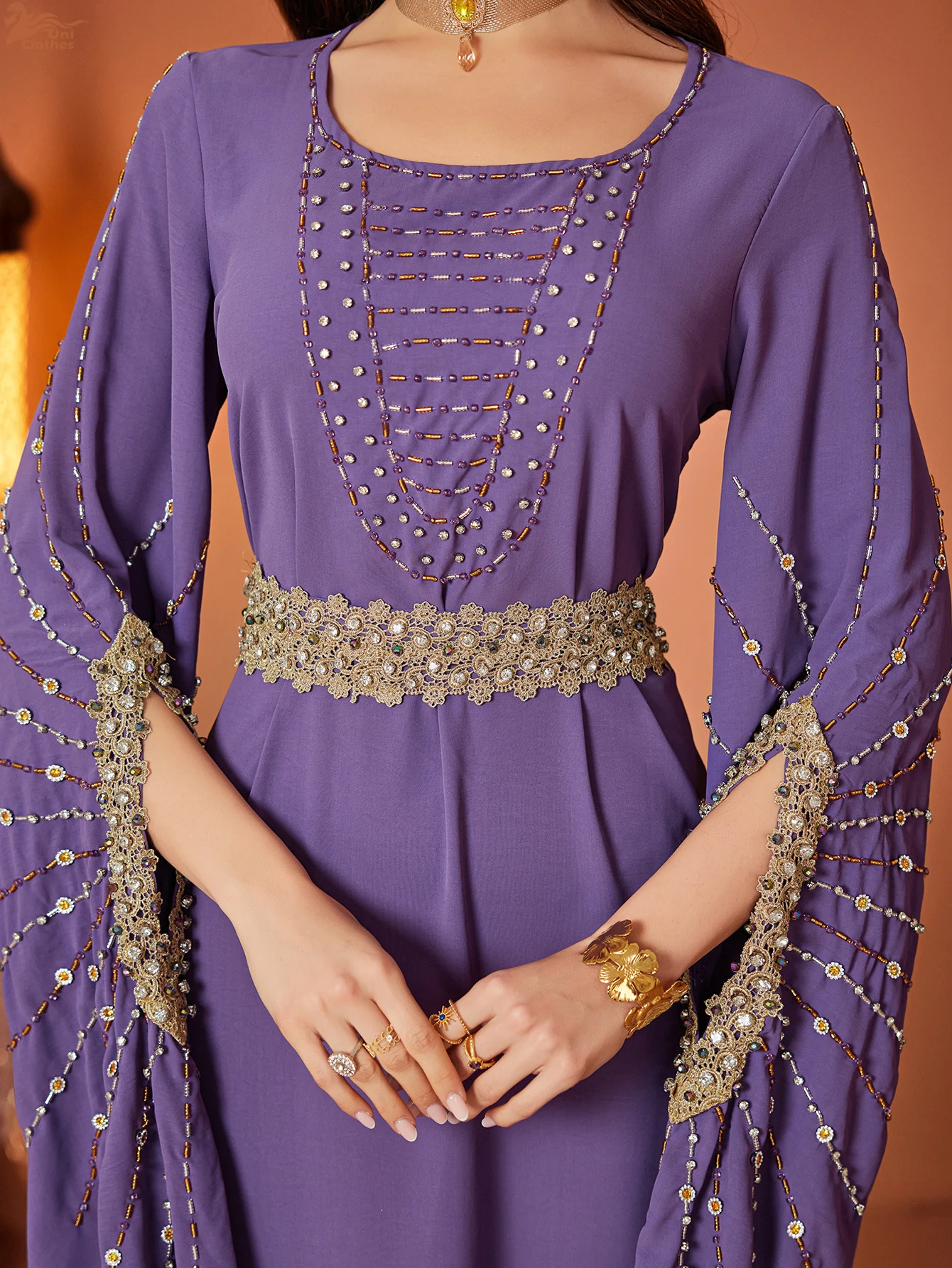 Luksusowa damska patchworkowa koronkowa haftowana abaja z bardzo długim rękawem, muzułmańska damska kaftanowa sukienka maxi na wieczorne przyjęcie w Dubaju, Eid.