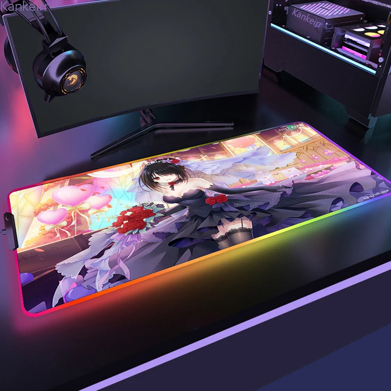 Tokisaki Kurumi Gaming Mousepad HD Customized RGB Non-slip Mouse Pad Slipmat Hi-Speed Table Mats Luminous With LED Backlit Mat