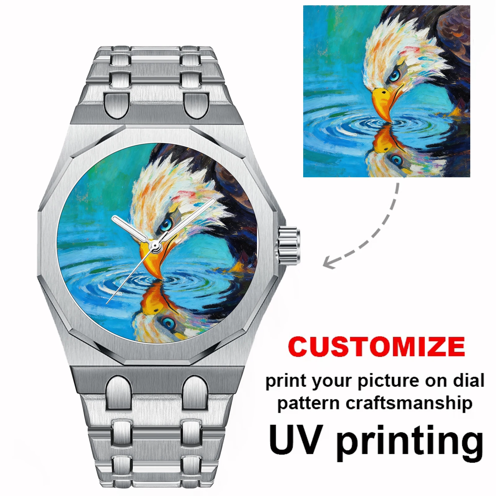 Luxury Custom Men's Quartz Watch Octagonal Silver Timepiece with Personalised Photo 30M Water Resistant Festive Gift for Him view 3